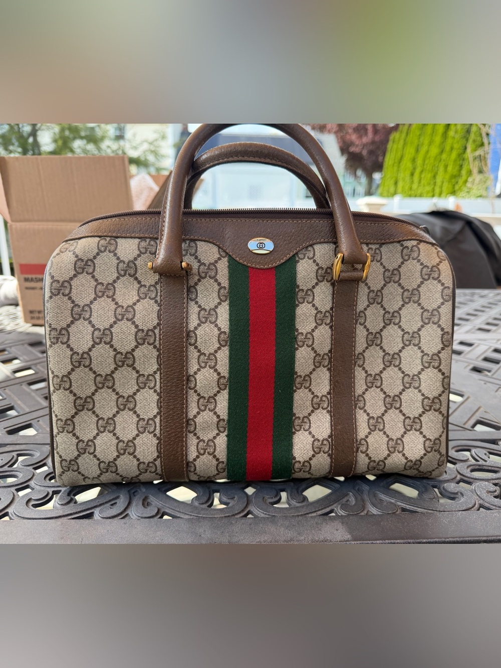 Gucci Brown GG Supreme Canvas Duffel with Green and Red Web Stripe